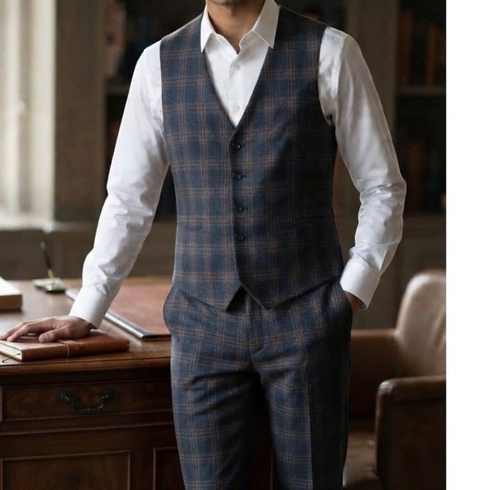 Murano Alex Fit Mens Blue Plaid Vest and Pants Set XL 38x30 Modern Professional